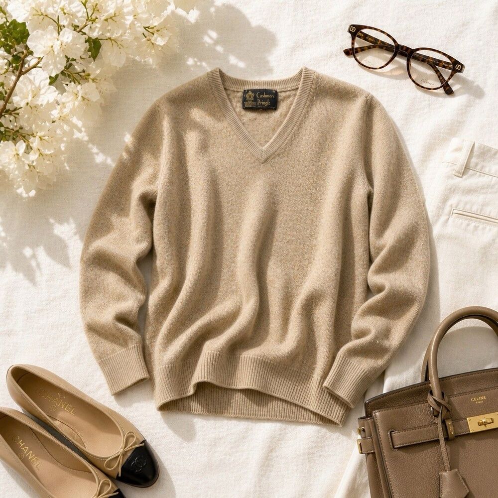 Pringle Scotland Cashmere Sweater Camel V Neck Vintage Minimalist androgynous L